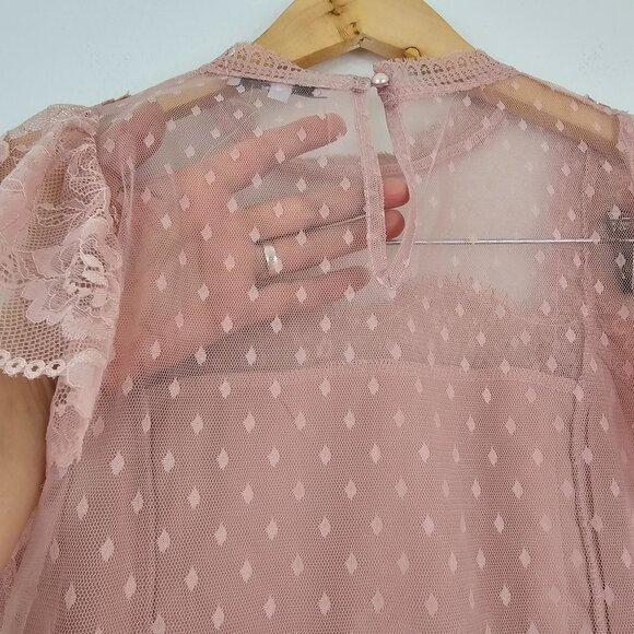 Y2K Sz M Dusty Pink Kawaii Polka Dot Tulle Top Lace Ruffle Romantic Coquette - Picture 7 of 10